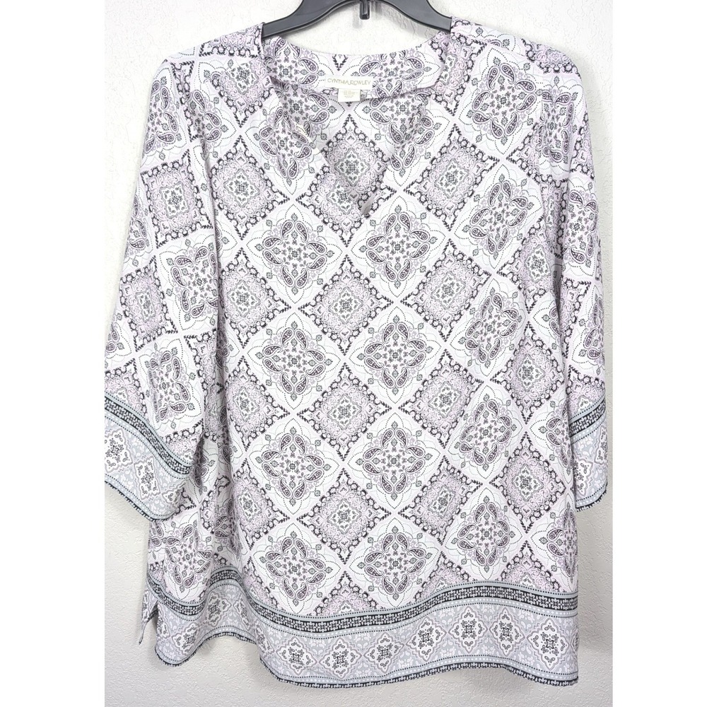 Cynthia Rowley Blouse Women 2X White Purple Paisley V-Neck 3/4 Sleeve Tunic
